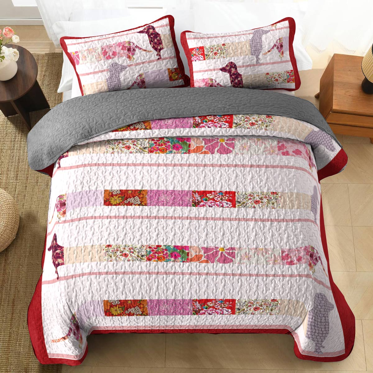 Shineful All Season Quilt 3-Piece Set Floral Dachshunds Ver2