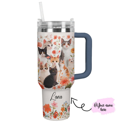 Cat 40 Oz Personalized Shineful™ Tumbler Floral Cats Lk8 Navy 40Oz