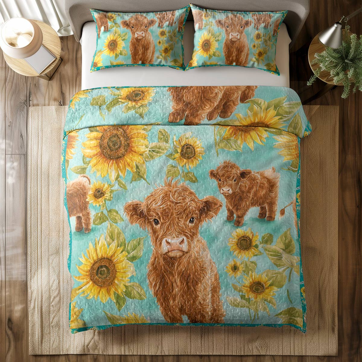 Ensemble de courtepointe toutes saisons Shineful 3 pièces Motif vache tournesol