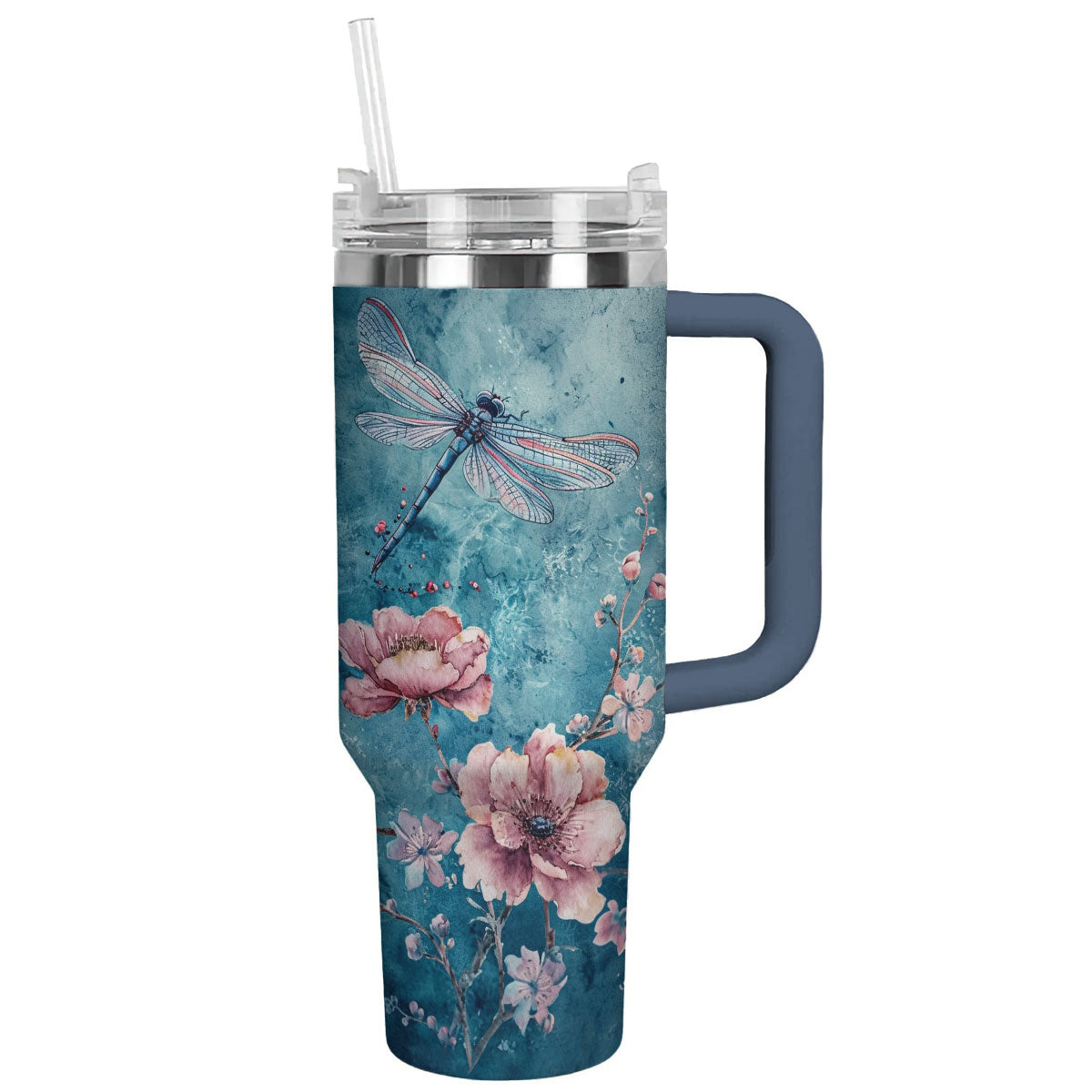 Glänzender Becher mit Blumenmotiv, Libelle