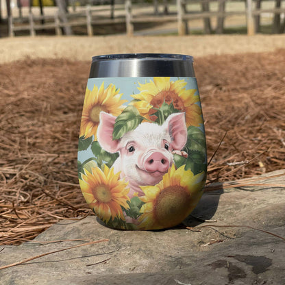 Shineful Wine Tumbler Pig In Sunflowers