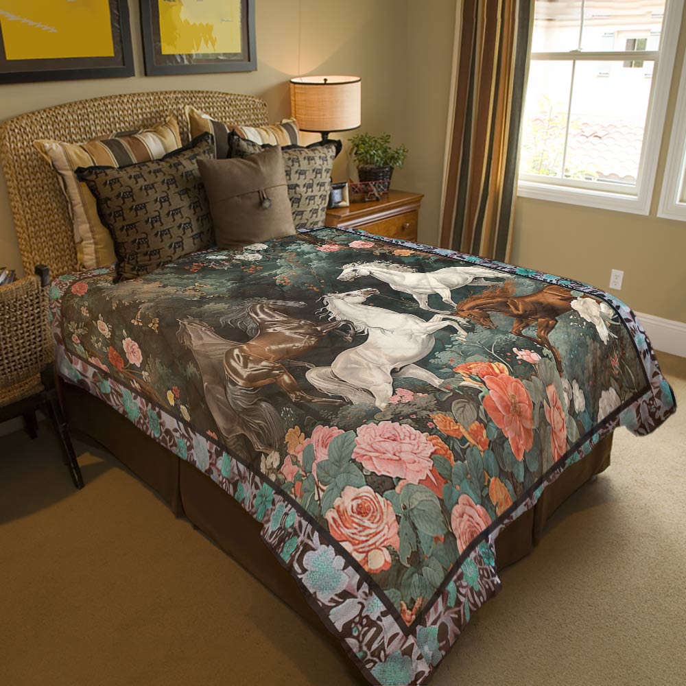 Shineful All Season Faux Quilt Floral Horses