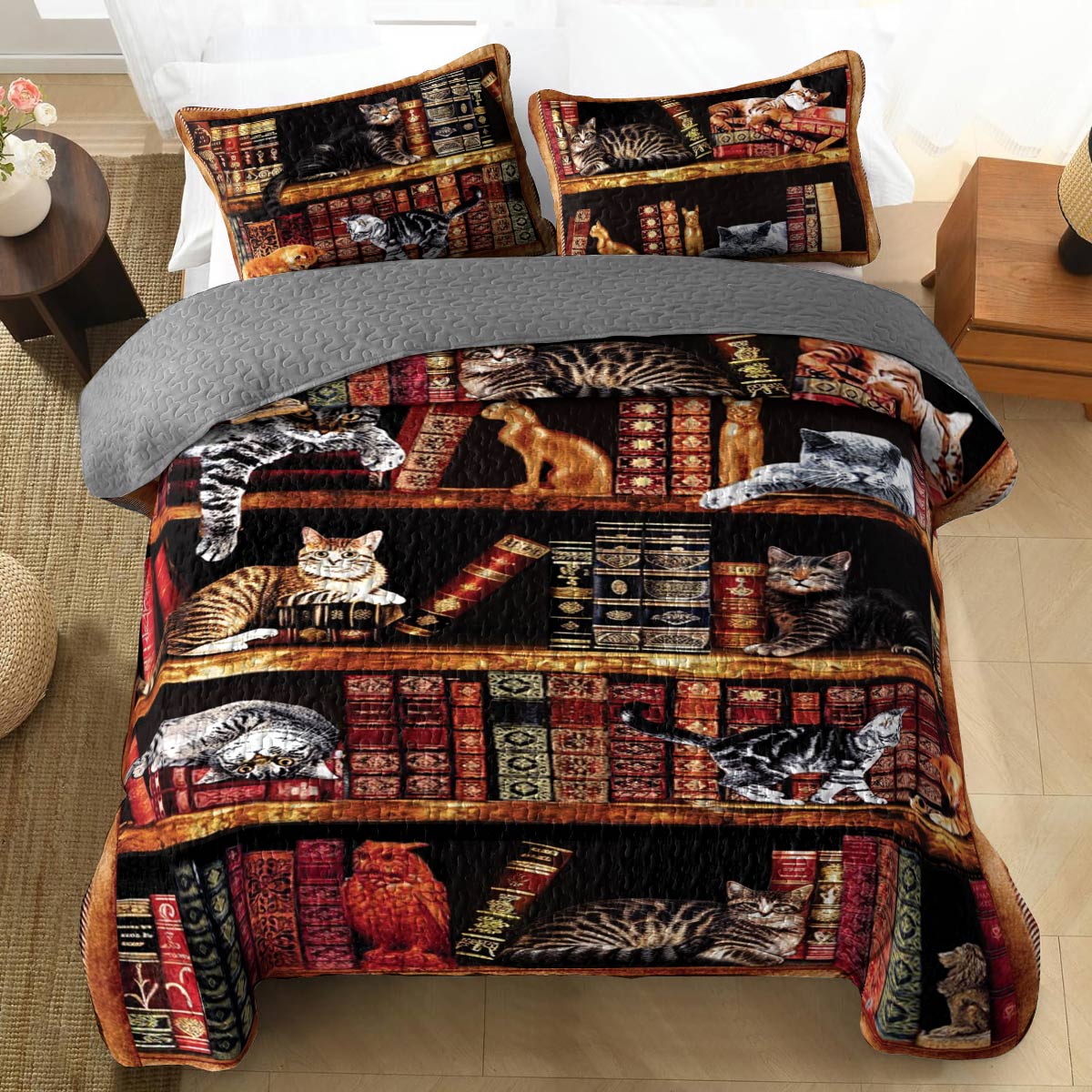 Shineful All Season Quilt 3-Piece Set Cat Library