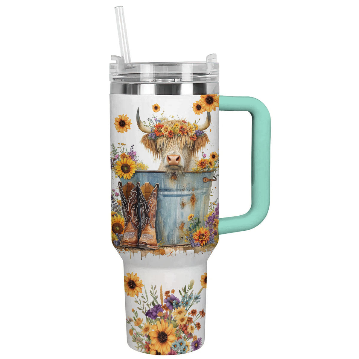 Cow 40 Oz Shineful™ Tumbler Floral Ver4 Lk8 Turquoise Blue 40Oz