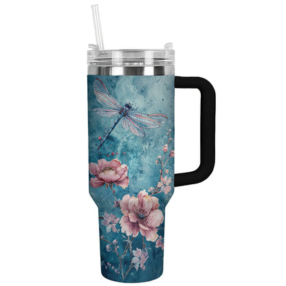 Glänzender Becher mit Blumenmotiv, Libelle