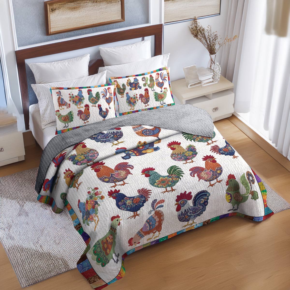 Shineful All Season Quilt 3-Piece Set Colorful Chickens