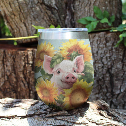 Shineful Wine Tumbler Pig In Sunflowers