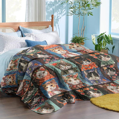 Shineful Flat Print Faux Quilt Blanket Vintage Cats