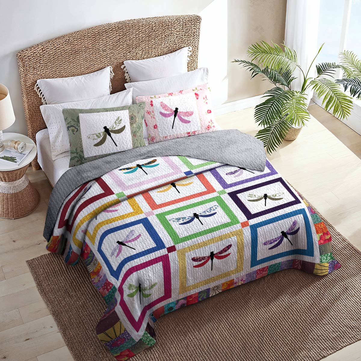 Shineful All Season Quilt 3-Piece Set Colorful Dragonflies