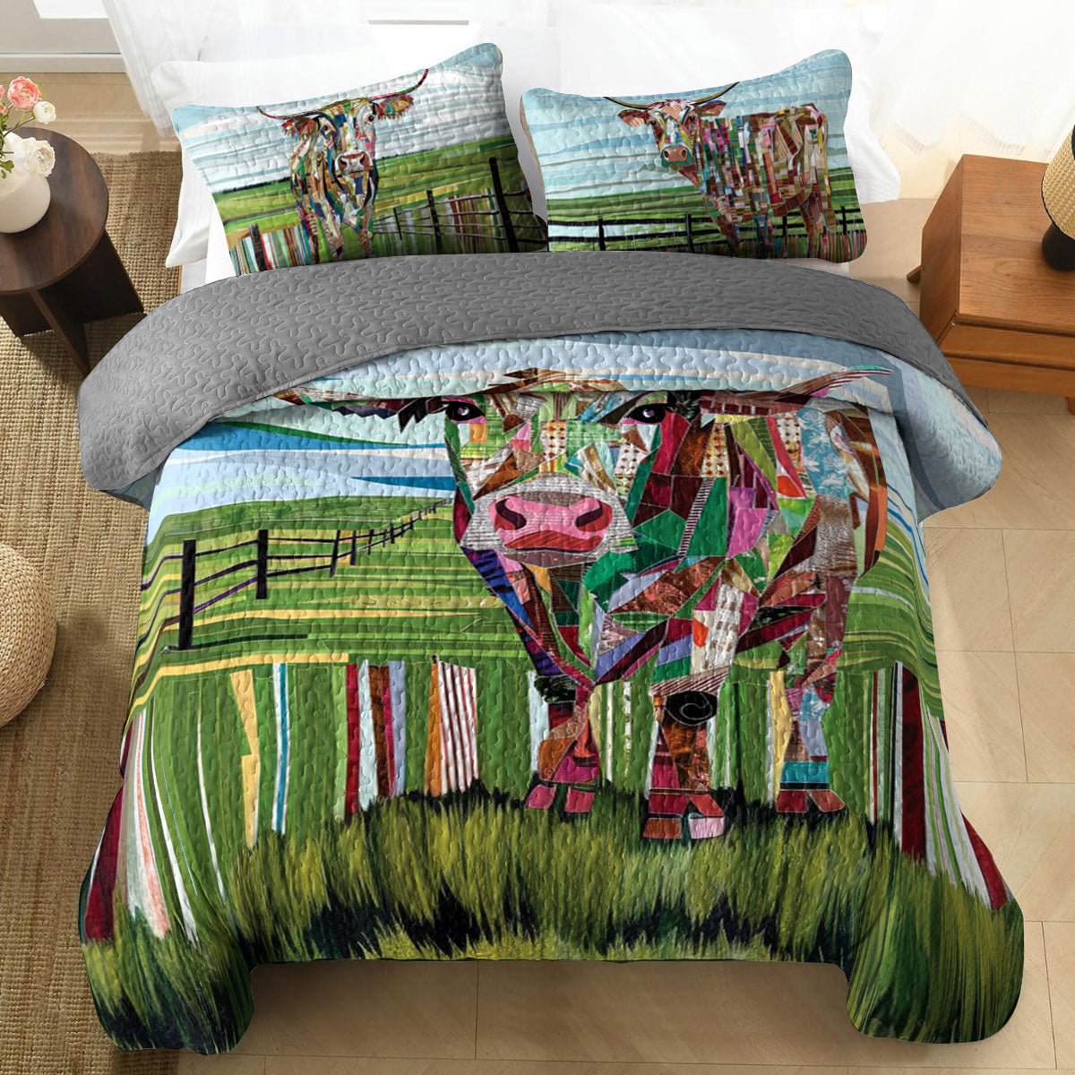 Shineful All Season Quilt 3-Piece Set Colorful Cow