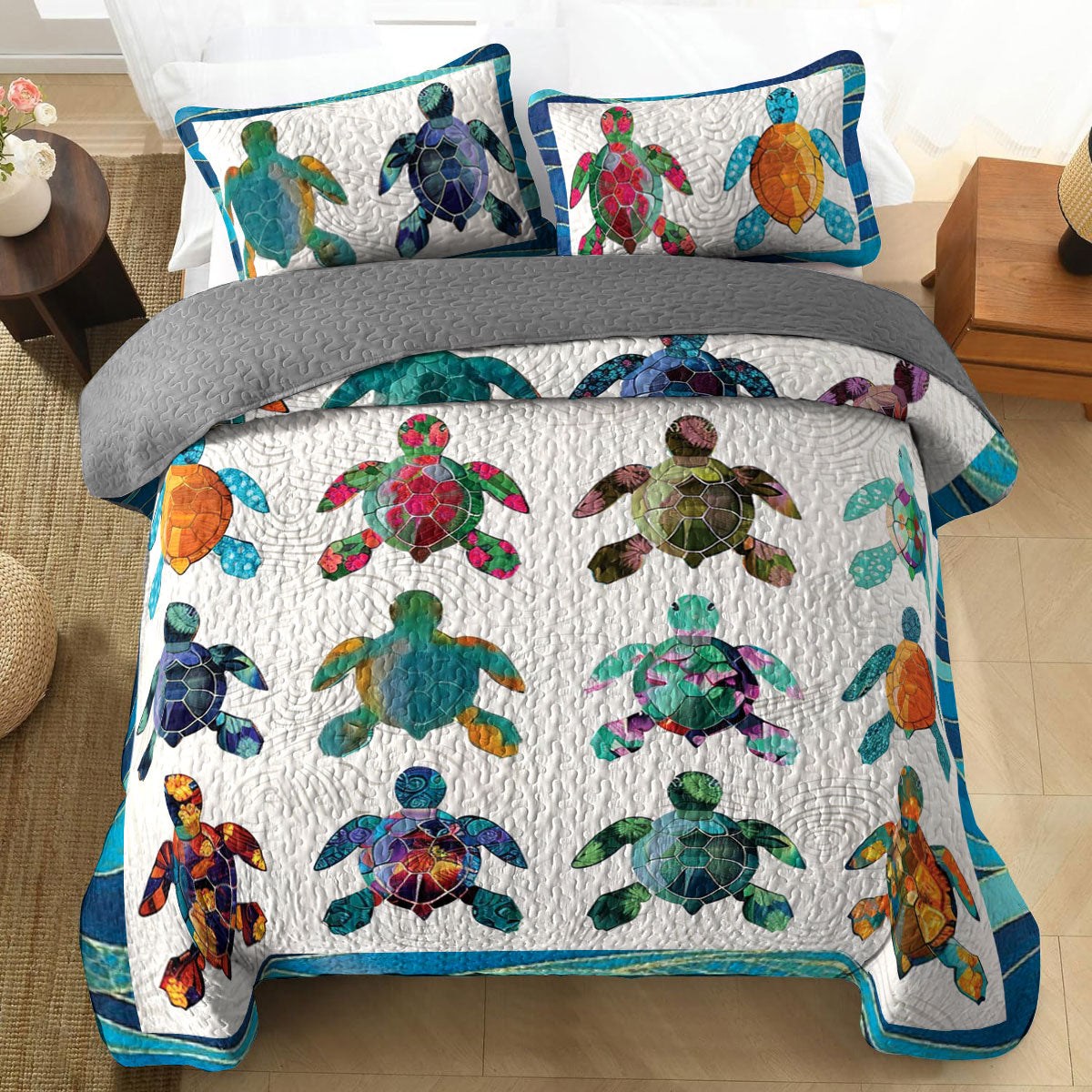 Shineful All Season Quilt 3-Piece Set Colorful Sea Turtles