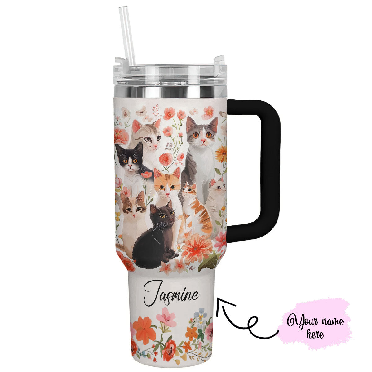 Cat 40 Oz Personalized Shineful™ Tumbler Floral Cats Lk8 Black 40Oz