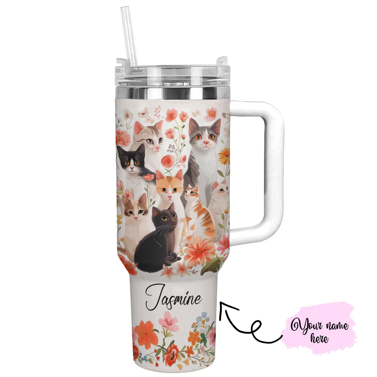 Cat 40 Oz Personalized Shineful™ Tumbler Floral Cats Lk8 White 40Oz