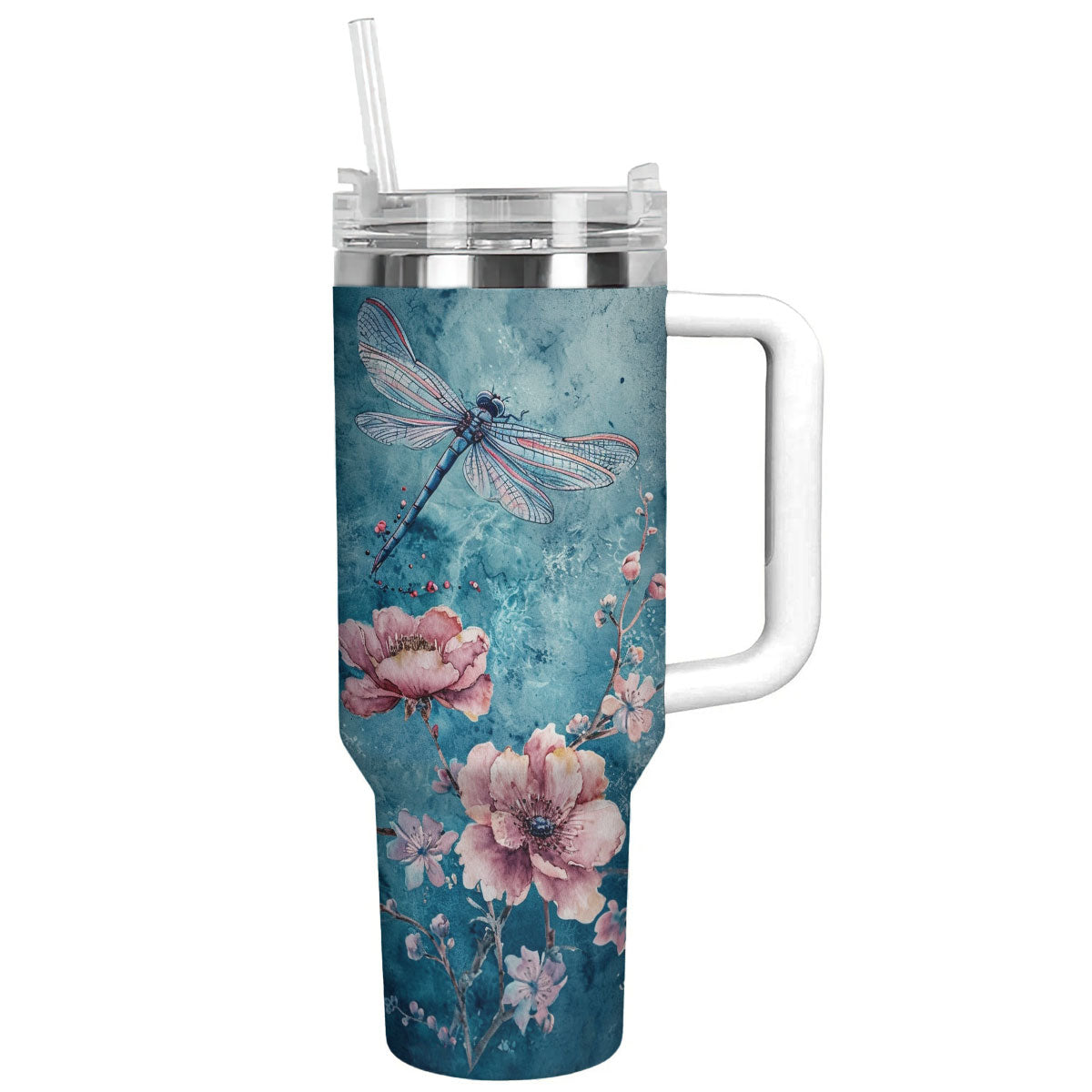 Glänzender Becher mit Blumenmotiv, Libelle