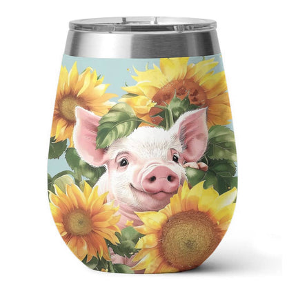 Shineful Wine Tumbler Pig In Sunflowers