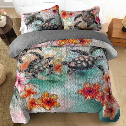 Shineful All Season Quilt 3-Piece Set Hibiscus Sea Turtles