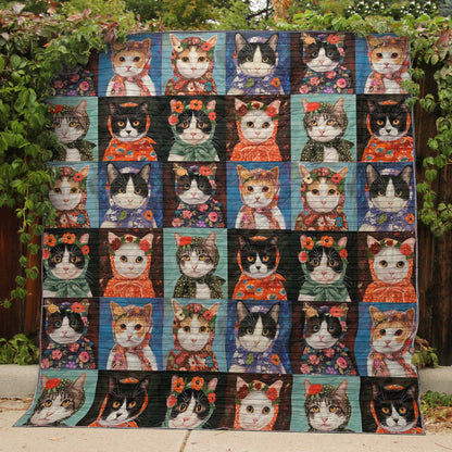 Shineful Flat Print Faux Quilt Blanket Vintage Cats