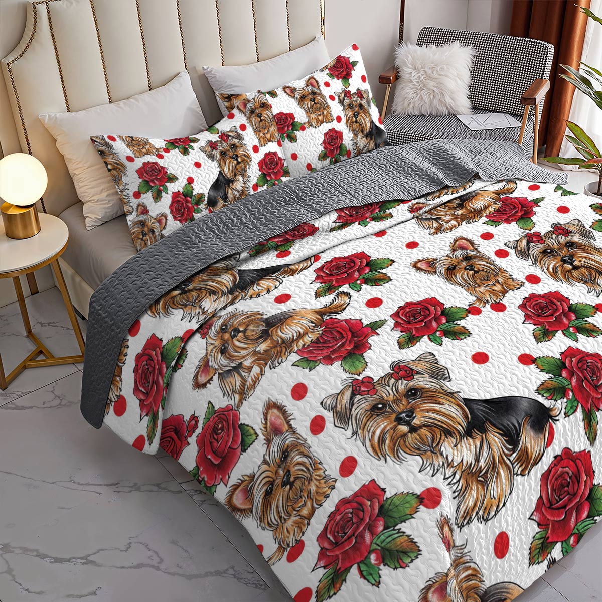 Shineful All Season Quilt 3-Piece Set Rose Yorkie