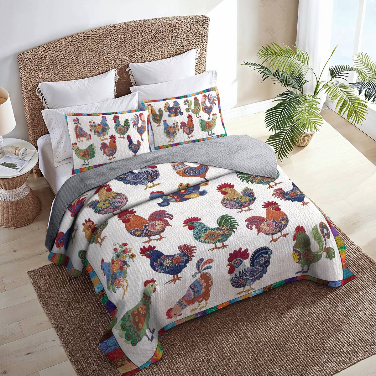 Shineful All Season Quilt 3-Piece Set Colorful Chickens