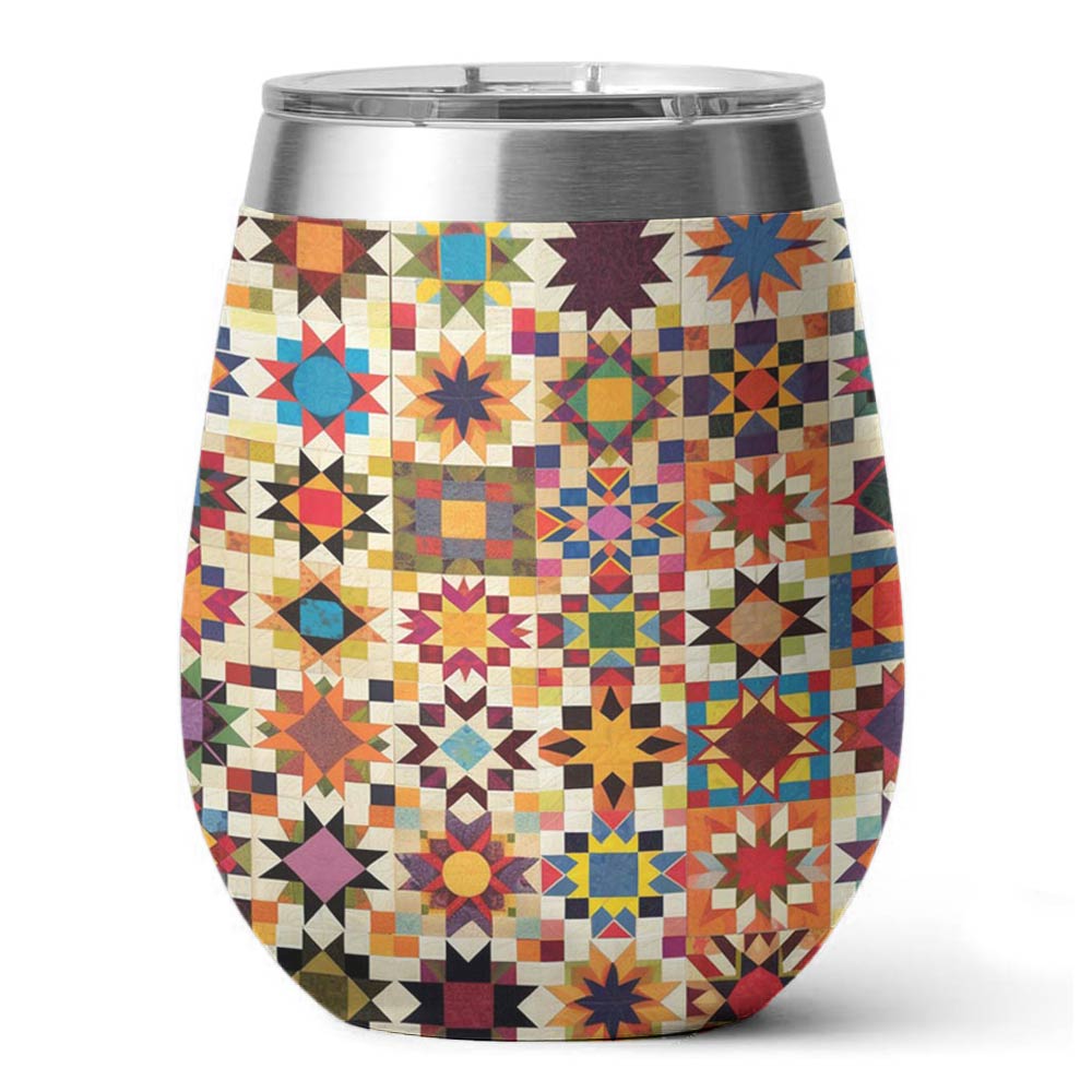 Quilting 12 Oz Shineful™ Wine Tumbler Colorful Quilt Blocks Lk8 12Oz