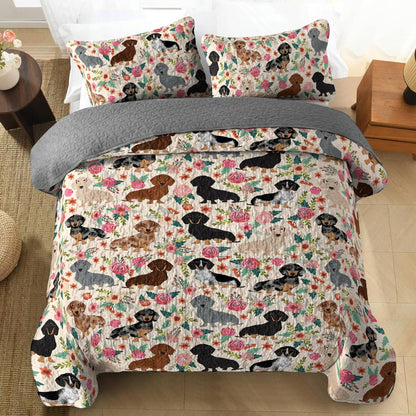 Shineful All Season Quilt 3-Piece Set Floral Dachshunds Ver3