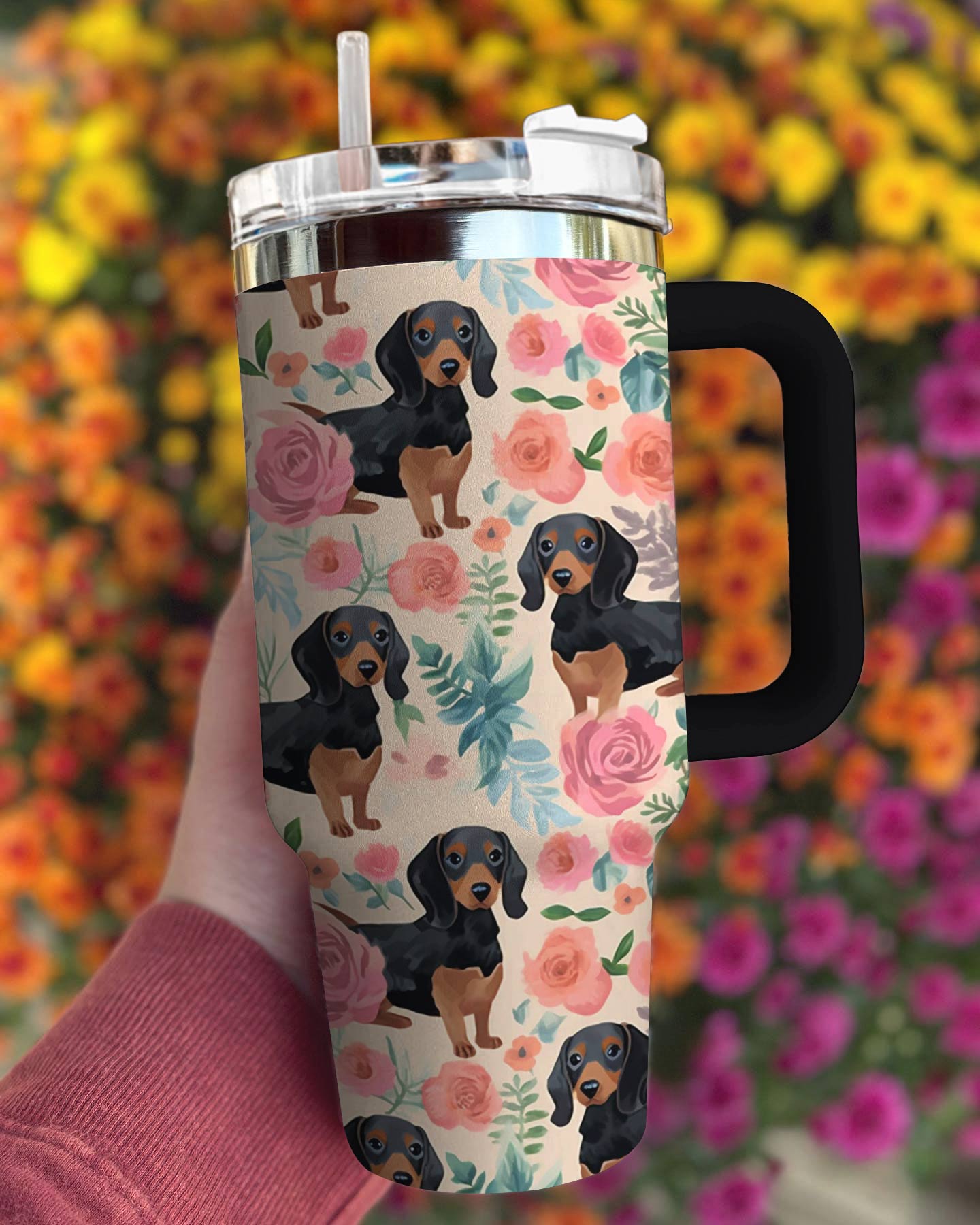 Dog 40 Oz Shineful™ Tumbler Floral Dachshunds Ver3 Lk8 40Oz