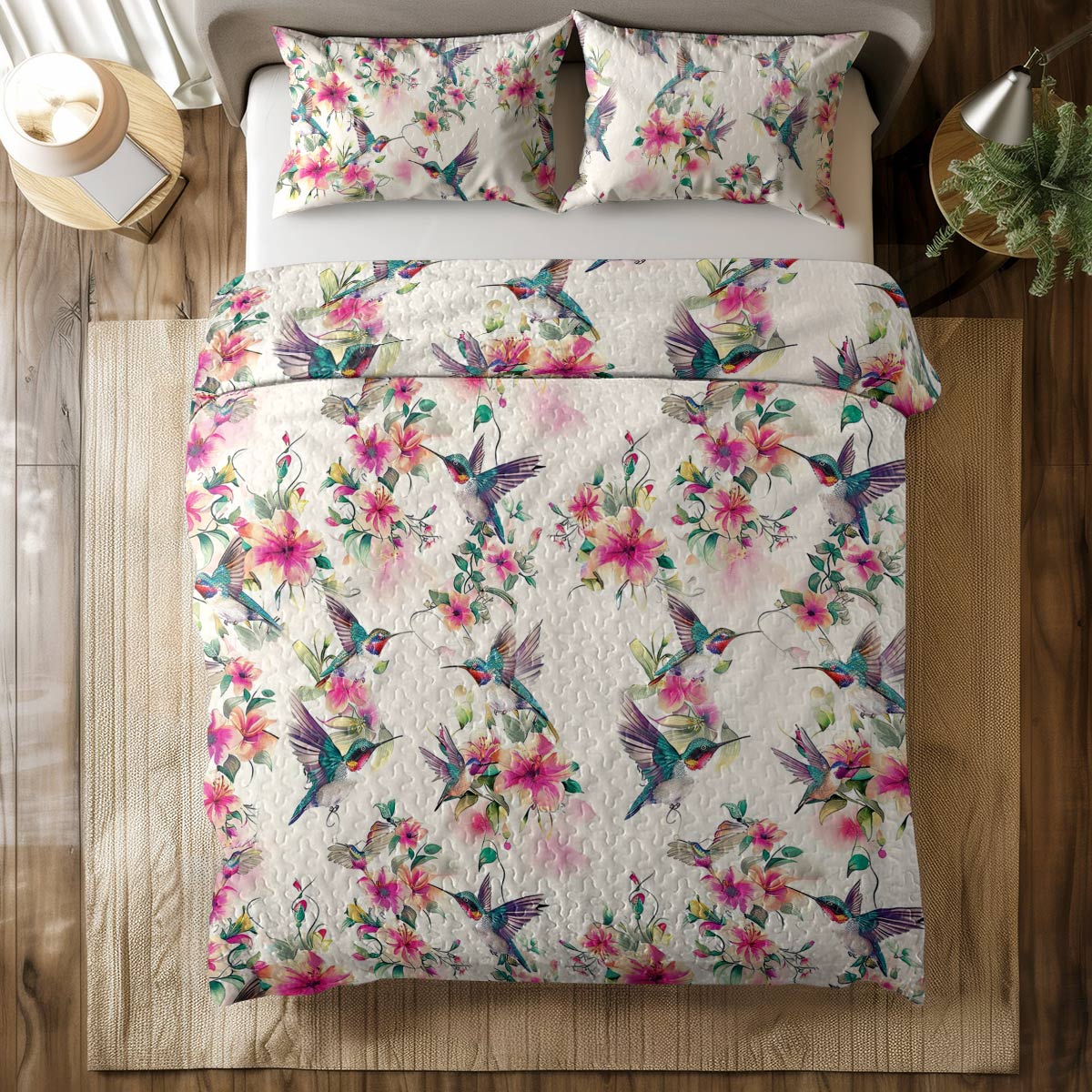 Shineful All Season Quilt 3-Piece Set Floral Hummingbirds