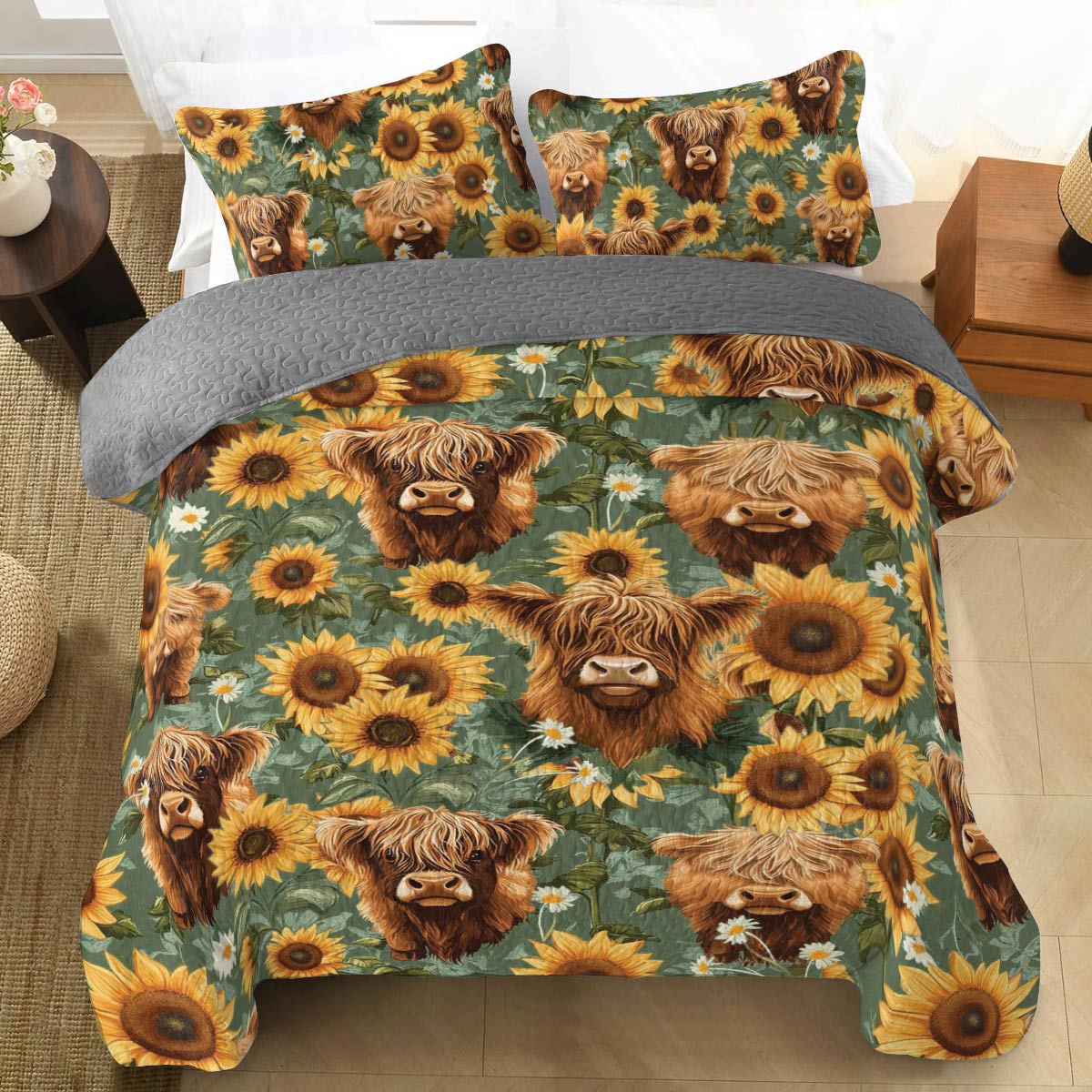 Shineful All Season Quilt 3-Piece Set Sunflower Cows