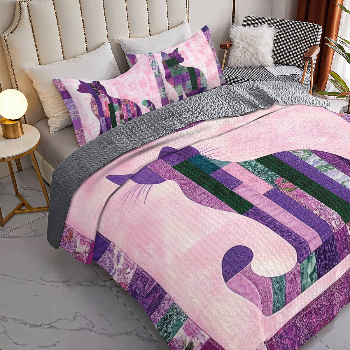 Shineful All Season Quilt 3-Piece Set Purple Cat