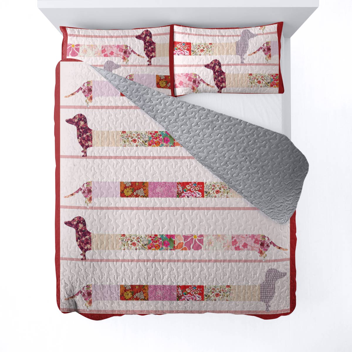 Shineful All Season Quilt 3-Piece Set Floral Dachshunds Ver2