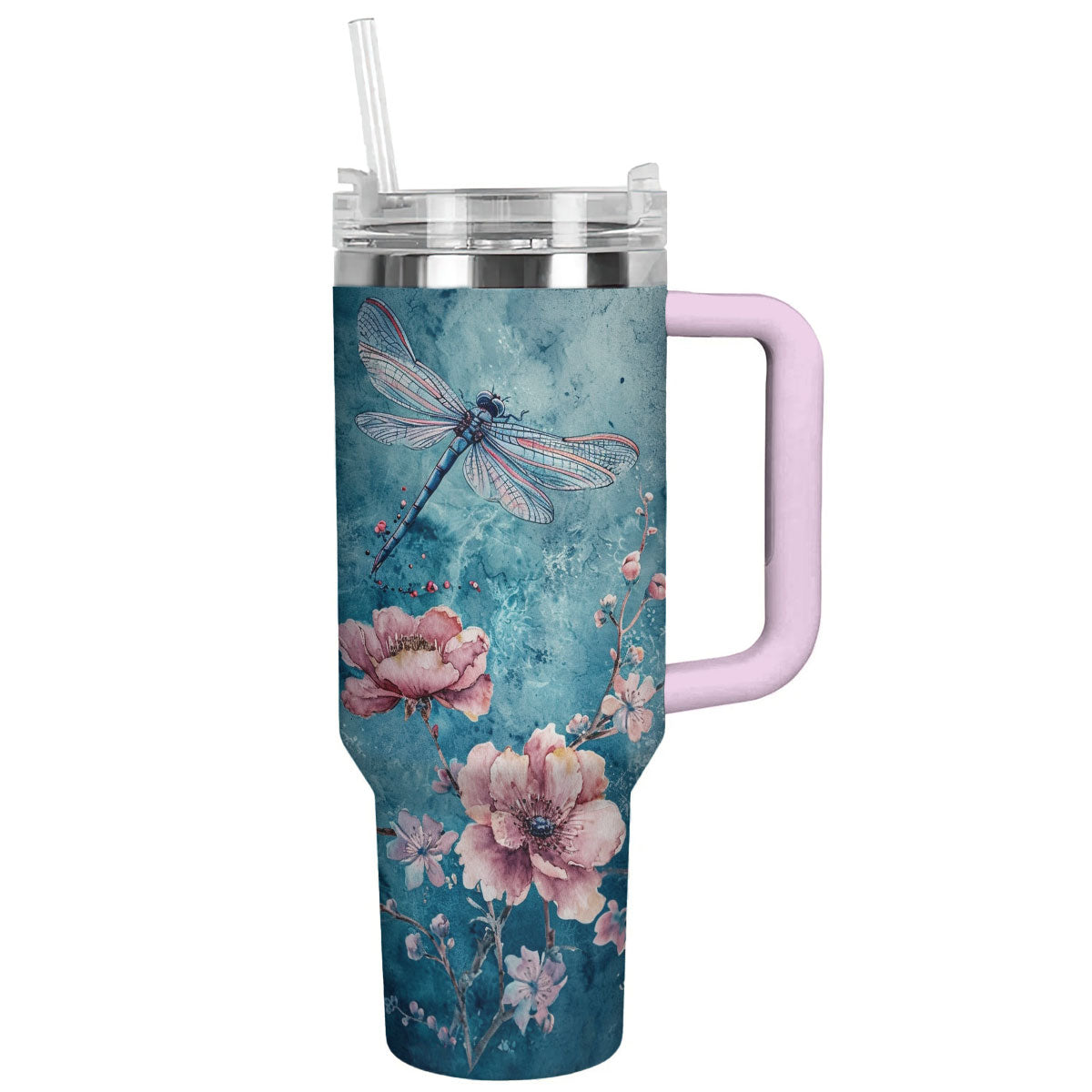 Glänzender Becher mit Blumenmotiv, Libelle