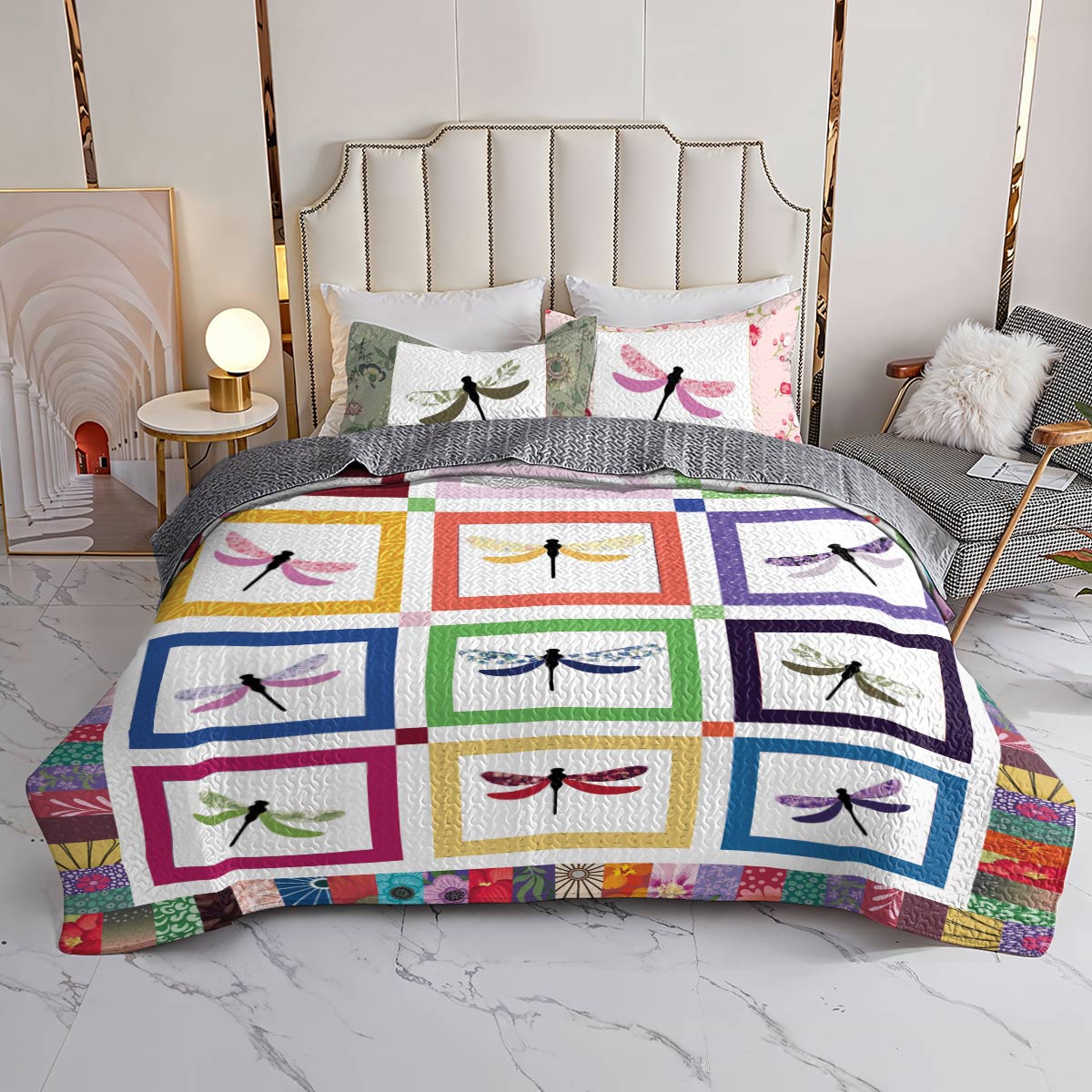 Shineful All Season Quilt 3-Piece Set Colorful Dragonflies