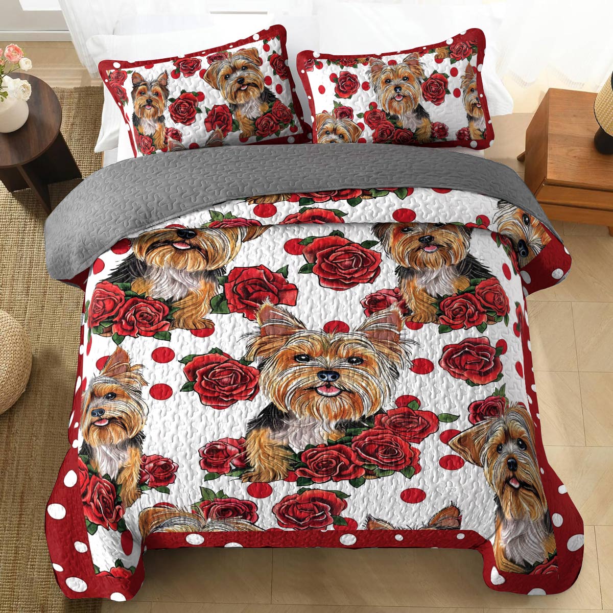 Shineful All Season Quilt 3-Piece Set Rose Yorkie Ver2