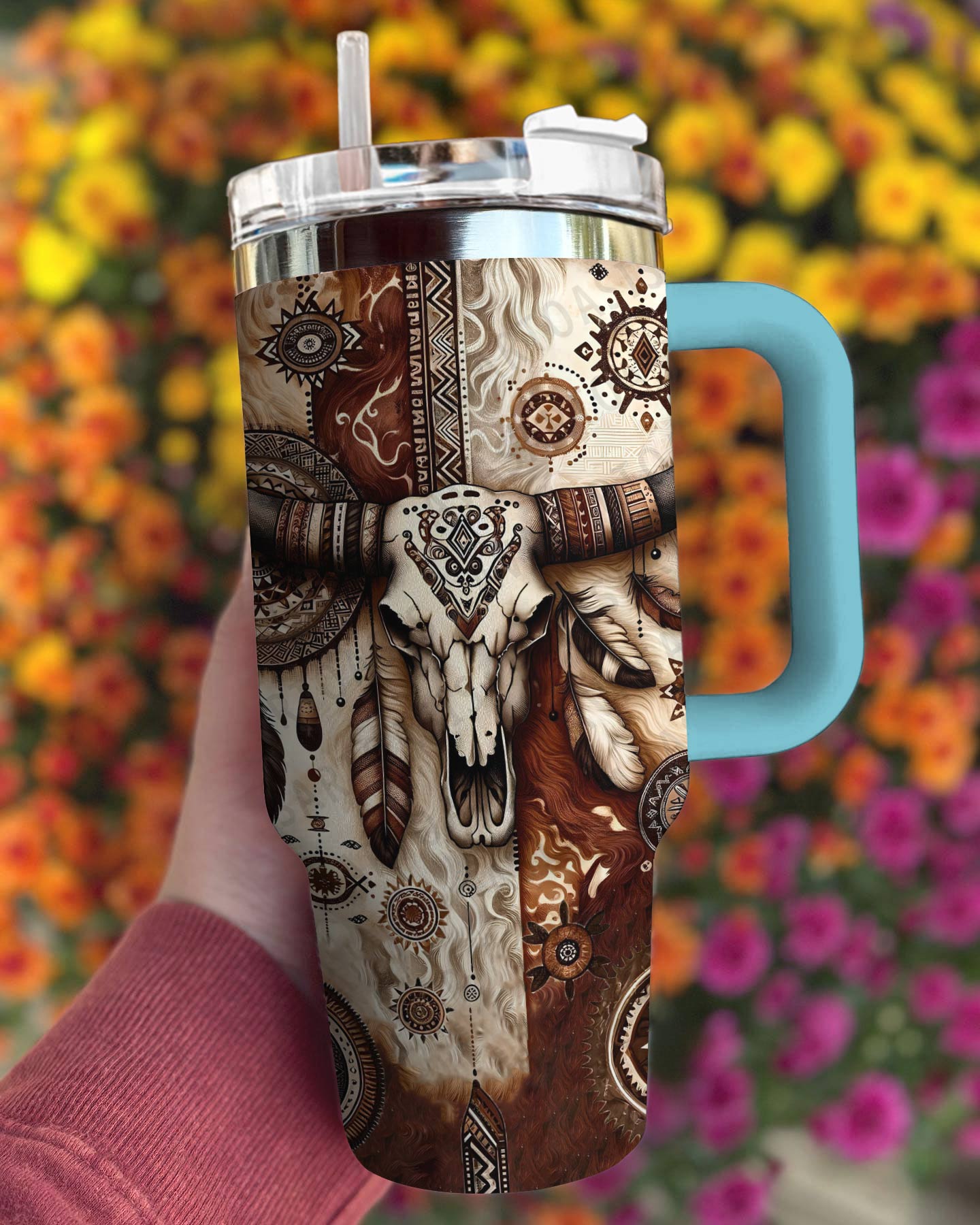 Cow 40 Oz Shineful™ Tumbler Boho Skull Lk8 Sky Blue 40Oz