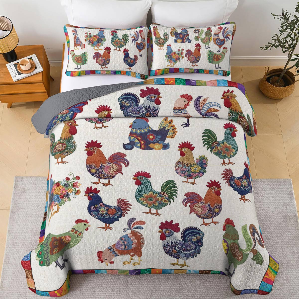 Shineful All Season Quilt 3-Piece Set Colorful Chickens