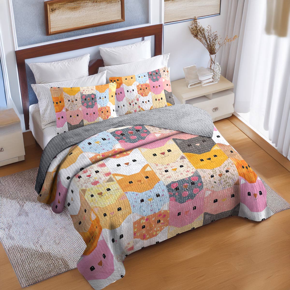 Shineful All Season Quilt 3-Piece Set Cat Blocks