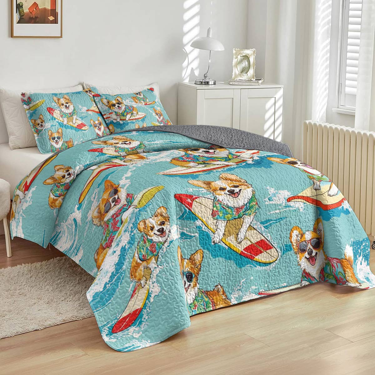 Shineful All Season Quilt 3-Piece Set Swimming Corgis