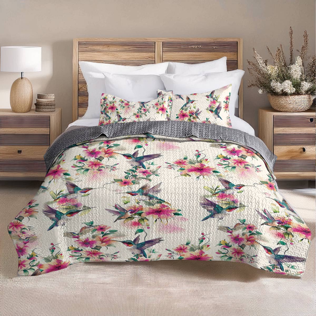 Shineful All Season Quilt 3-Piece Set Floral Hummingbirds