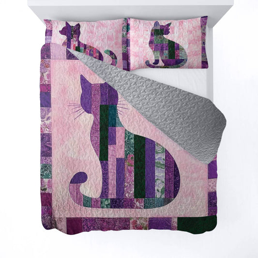 Shineful All Season Quilt 3-Piece Set Purple Cat