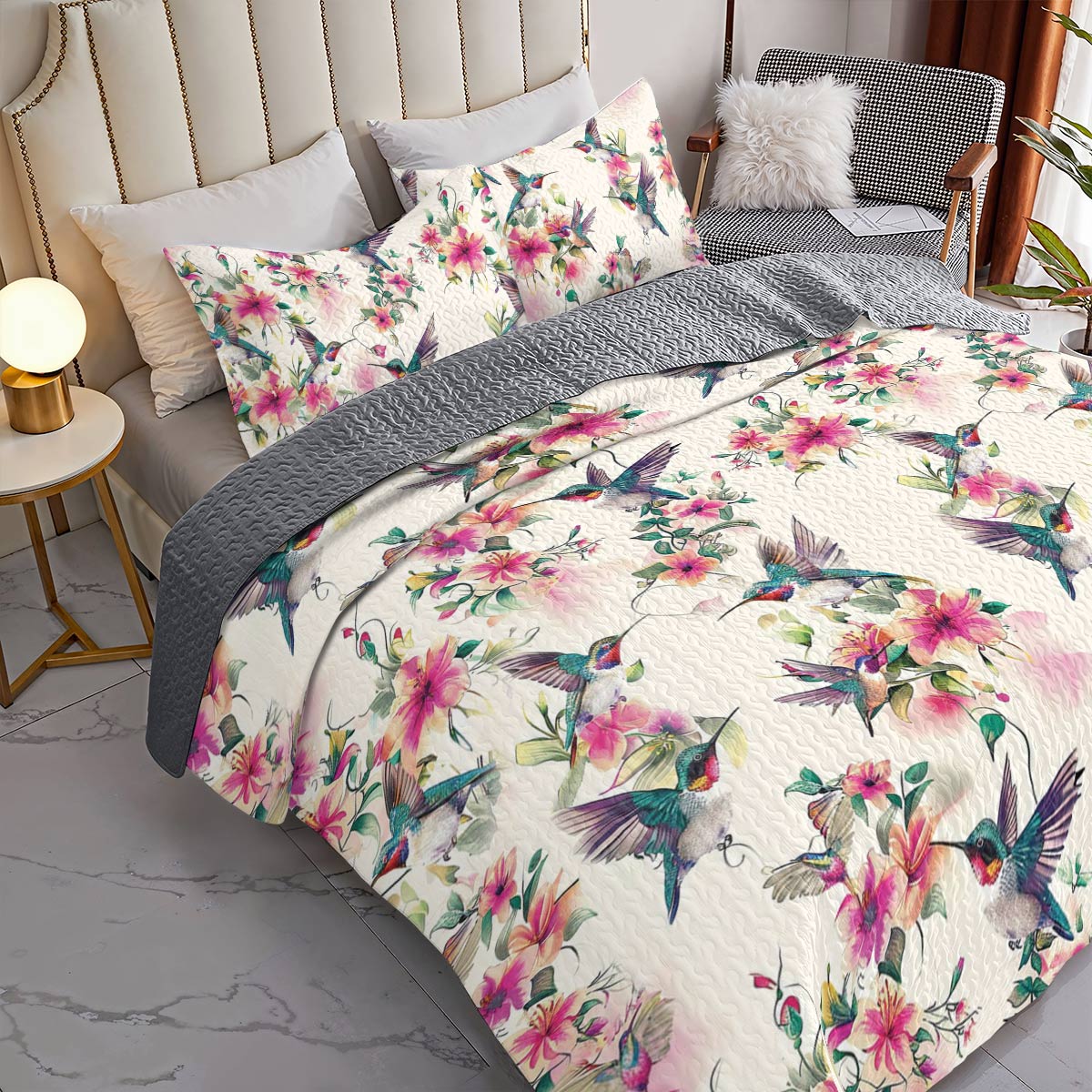 Shineful All Season Quilt 3-Piece Set Floral Hummingbirds