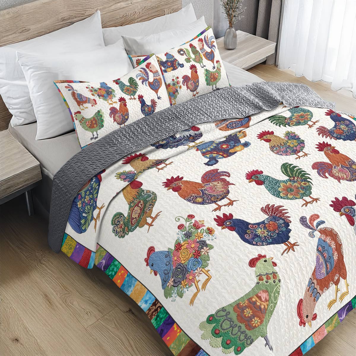 Shineful All Season Quilt 3-Piece Set Colorful Chickens