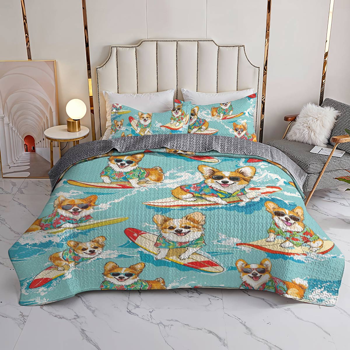 Shineful All Season Quilt 3-Piece Set Swimming Corgis