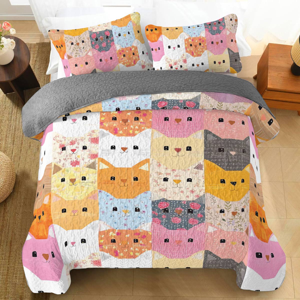 Shineful All Season Quilt 3-Piece Set Cat Blocks