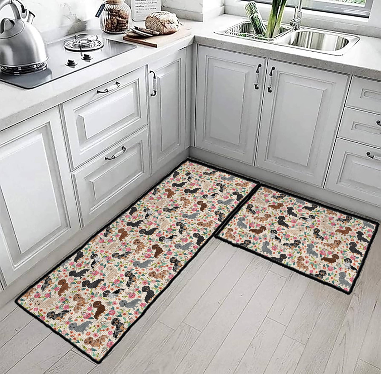 Shineful Ultra-Thin Non Skid Floor Mat, Kitchen Rugs Floral Dachshunds