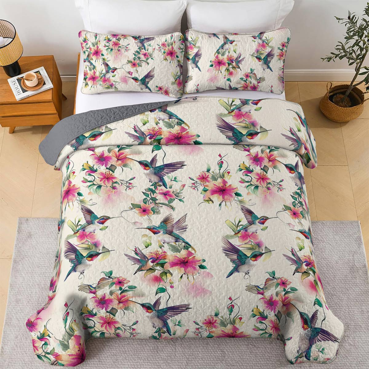 Shineful All Season Quilt 3-Piece Set Floral Hummingbirds