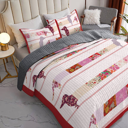 Shineful All Season Quilt 3-Piece Set Floral Dachshunds Ver2