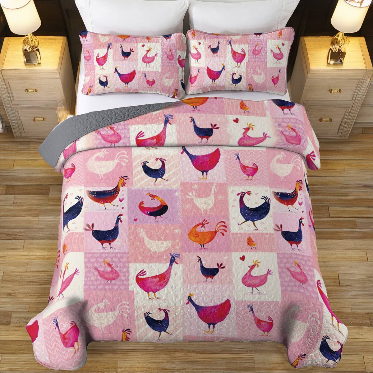 Shineful All Season Quilt 3-Piece Set Pink Chickens