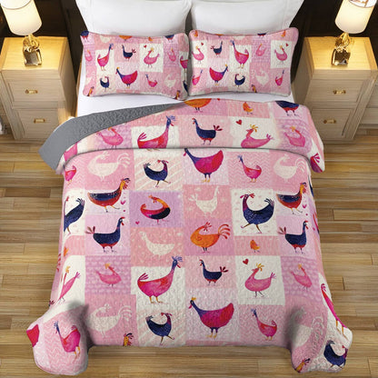 Shineful All Season Quilt 3-Piece Set Pink Chickens