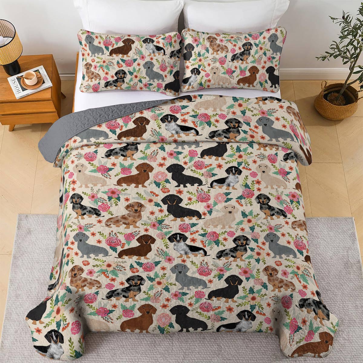 Shineful All Season Quilt 3-Piece Set Floral Dachshunds Ver3