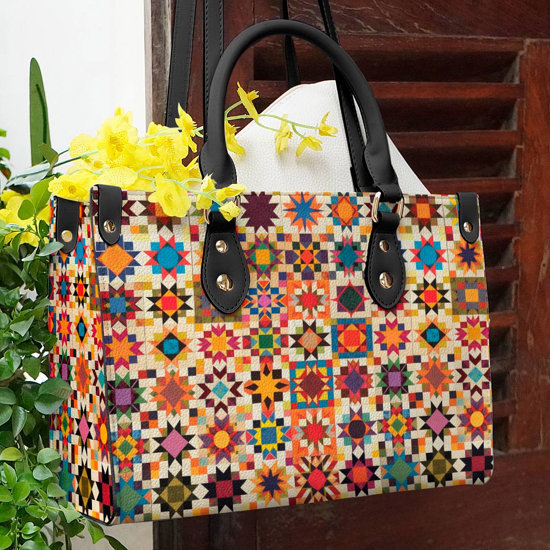 Quilting Leather Bag Shineful Colorful Quilt Blocks Lk8 Black